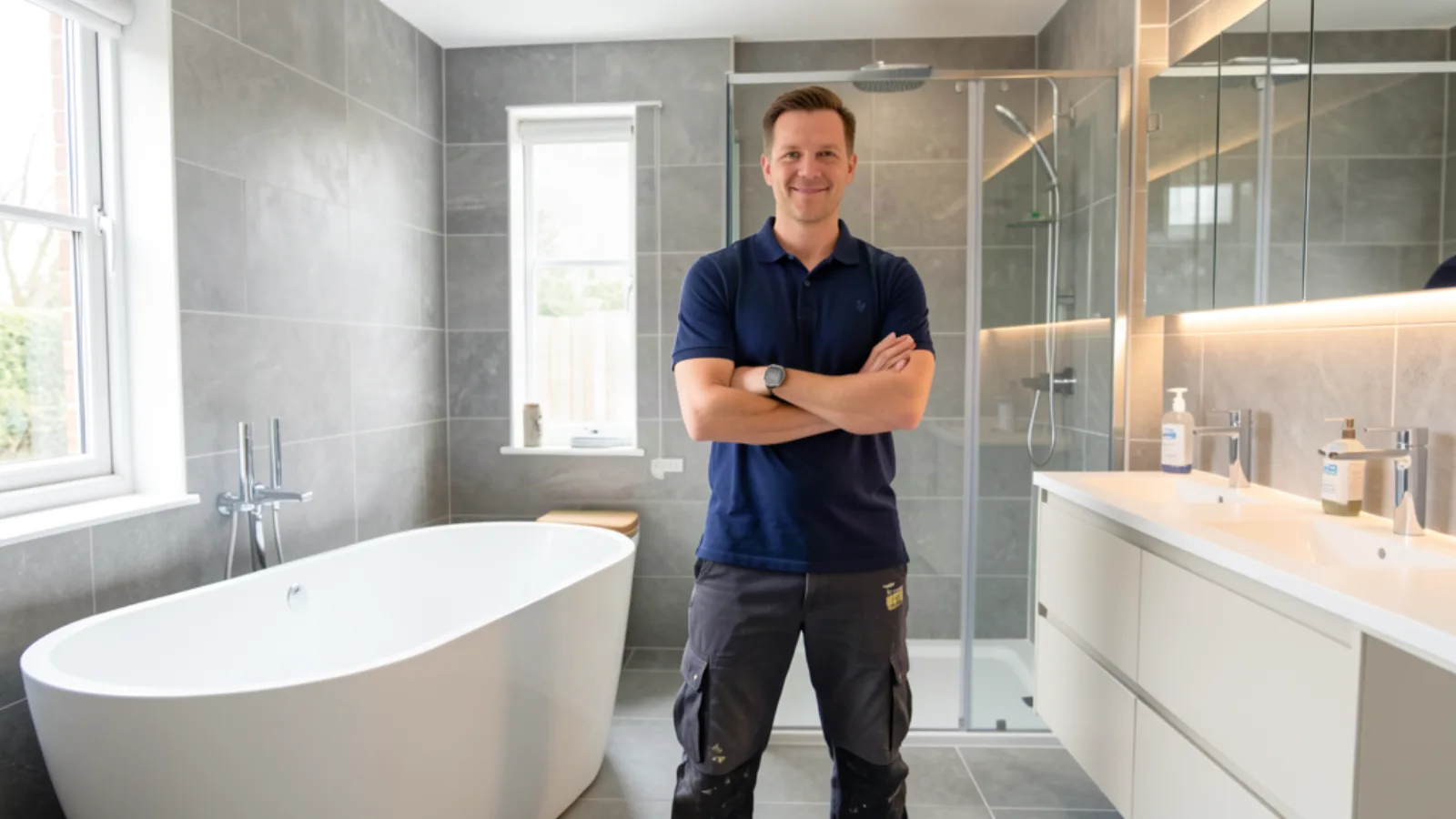 Professional UK bathroom installer standing confidently in a beautifully completed modern bathroom installation