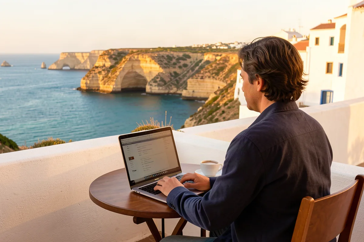 Working on a laptop at an outdoor café terrace overlooking the Algarve coastline — remote work lifestyle in Portugal