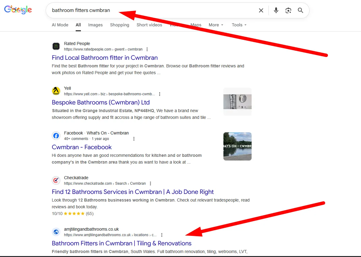 Screenshot: AMJ location page ranking on first page of Google for 'bathroom fitters Cwmbran'