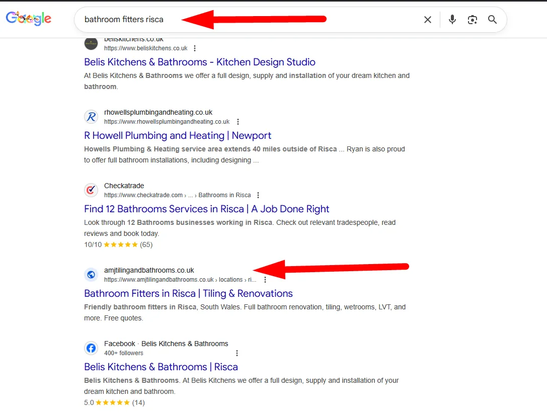 Screenshot: Multiple AMJ location pages ranking for 'bathroom fitters' + town names
